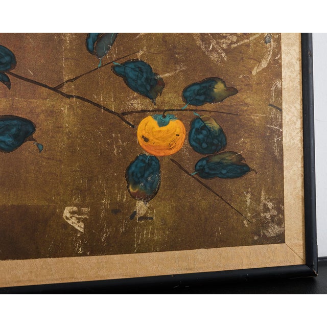 Japanese Showa Painted Panel Screen Persimmon Branch For Sale - Image 14 of 17