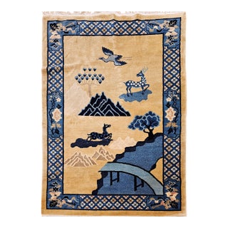 Vintage Chinese Art Deco Pictorial Rug, Hand-Knotted Wool, Auspicious Symbols Design, Tan & Blue, 5x7 For Sale
