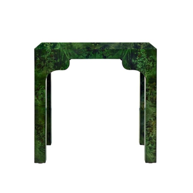 Brand new special order item. Not vintage. The Hannah Emerald Green Burl Wood Parsons Occasional Table brings contemporary...