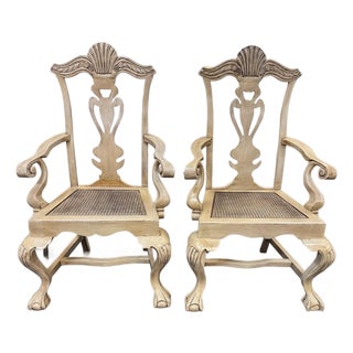 Pair of European-Style Carved Wood Armchairs With Cane Seats, Rococo Inspired For Sale