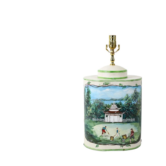 Ceramic Mid-20th Century Chinese-Style Hand-Painted Ceramic Tea Canister Table Lamps - a Pair For Sale - Image 7 of 13