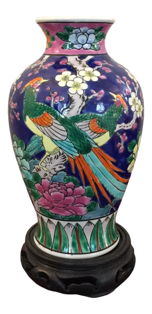 Early 20th Century Japanese Painted Porcelain Vase With Wooden Base