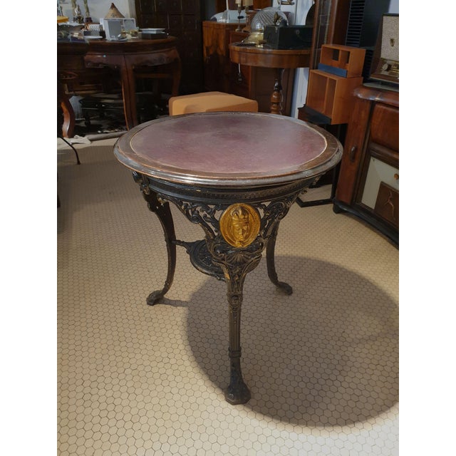 Mid-Century Modern Round Cast Iron, Wood & Leather Coffee Table For Sale - Image 3 of 15
