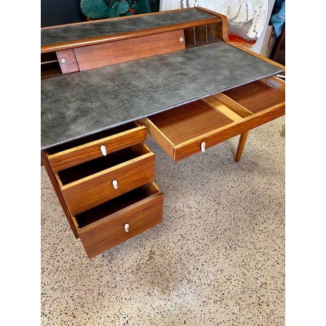 John Van Koert for Drexel Profile Mid Century Leather Top Walnut Desk For Sale - Image 14 of 15