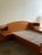 Beautiful Mid Century Modern teak queen bed set, crafted in Denmark, featuring a sculptural curved headboard and footboard...
