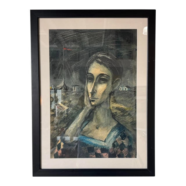 Vintage Expressionist Watercolor Portrait Painting of a Woman by K. Urdi For Sale