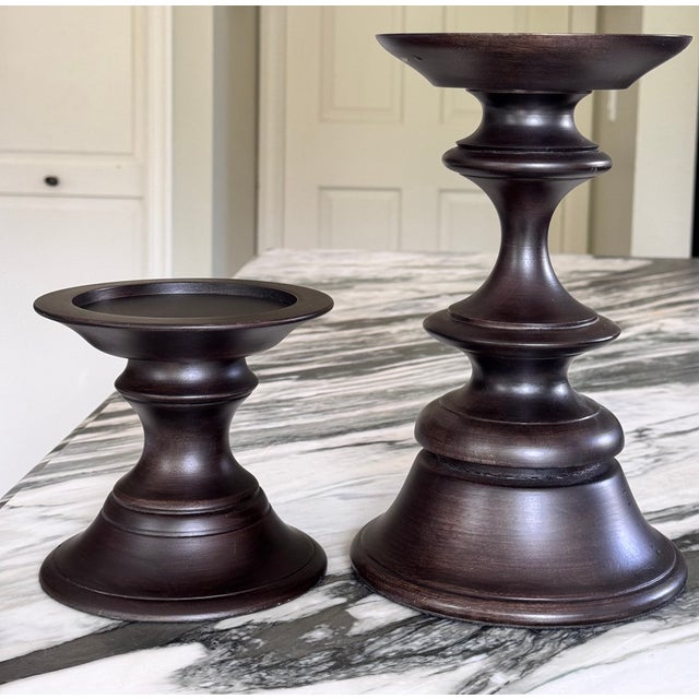 Vintage Pottery Barn Turned Wood Pillar Candle Holders - A Pair For Sale - Image 11 of 11