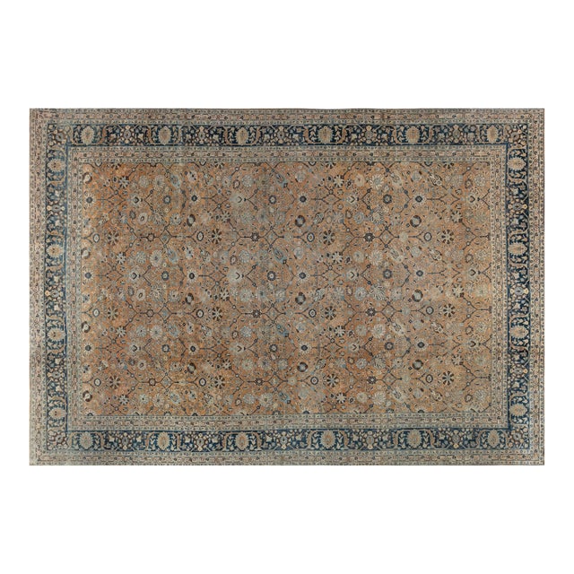 Authentic 1900s Persian Tabriz Blue, Yellow Handmade Wool Rug For Sale