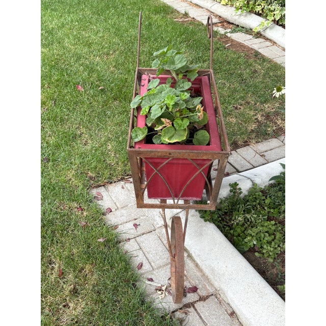 Vintage Outdoor Wrought Iron Wheelbarrow With Flower Planter For Sale - Image 4 of 9