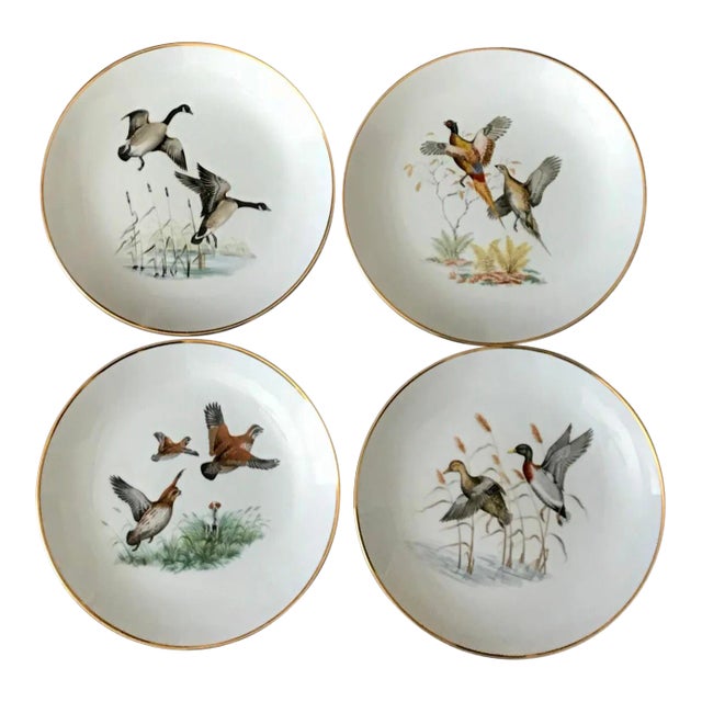 German Vintage Gilt Porcelain Pheasant / Wildlife Salad Plates - Set of 4 For Sale