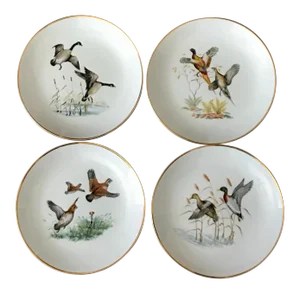 German Vintage Gilt Porcelain Pheasant / Wildlife Salad Plates - Set of 4