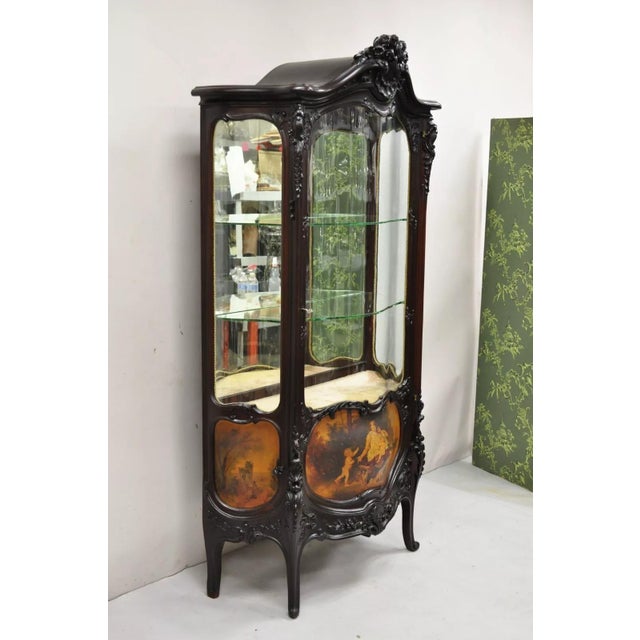 Antique French Louis XV Style Carved Mahogany Hand Painted Curved Glass Vernis Martin Curio Cabinet. Item features 3...