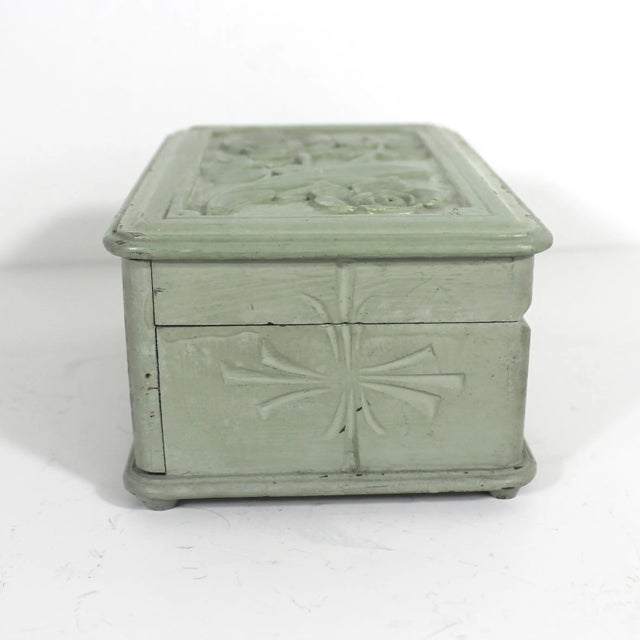 French Country Vintage Folk Art Handmade Carved and Painted Wood Trinket Box Green For Sale - Image 3 of 12