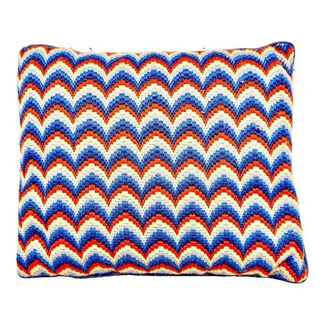 Vintage Handmade Red White and Blue Needlepoint Pillow For Sale
