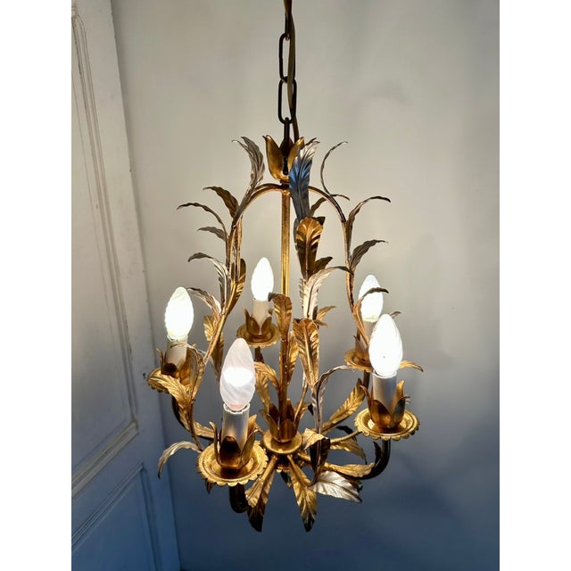 French Gilt and Silvered Tole Leaf 5-Light Chandelier, 1960s For Sale - Image 14 of 16