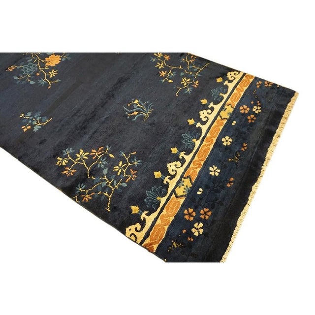 1920s Antique Traditional Floral Chinese Peking Hallway Runner Blue Knotted Rug For Sale - Image 4 of 7