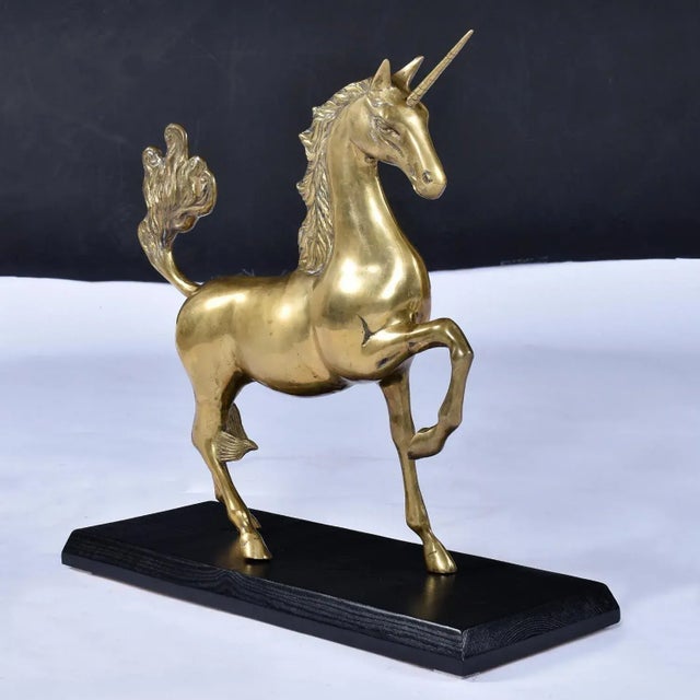 Large Brass Unicorn Sculpture Figurine on Black Wood Base Nearly 22 Inch For Sale - Image 4 of 10