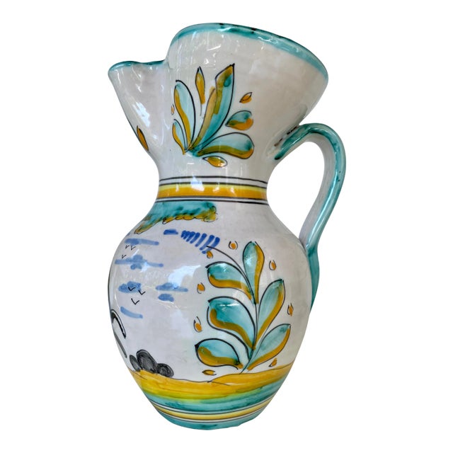 19th Century Earthenware Talavera Glazed Hand Painted Pitcher For Sale