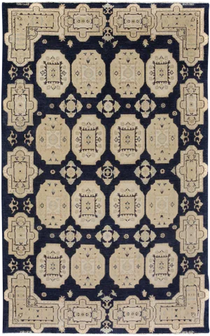 1990s Shabby Chic Kafkaz Blue/Tan Wool Rug - 4'11" X 7'11"