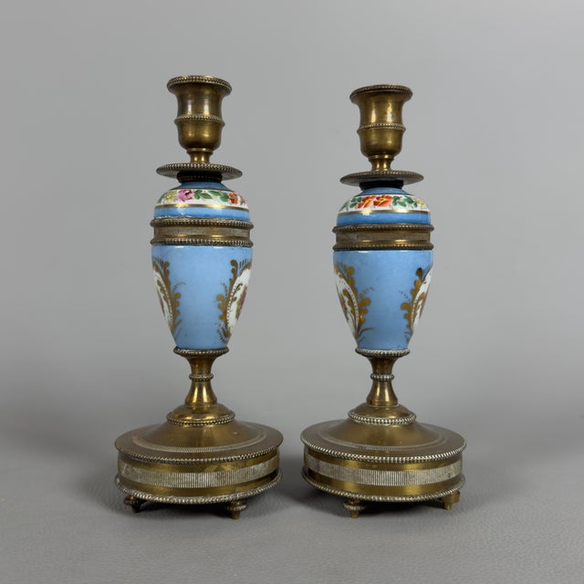 French Candlesticks in Brass and Ceramic, Set of 2 For Sale - Image 3 of 12