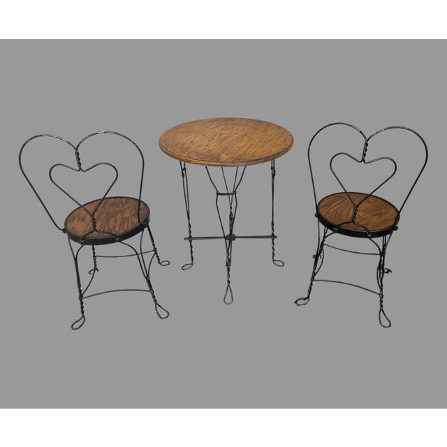 3 Piece Vintage Twisted Iron & Oak Ice Cream Parlor Set Consisting of a Round Parlor Table & 2 Sweetheart Back Shaped...