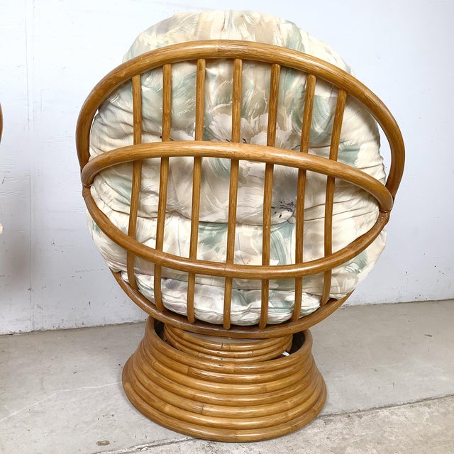 Late 20th Century Pair of Vintage Rattan Swivel Egg Pod Lounge Chairs, Stacked Pedestal Base For Sale - Image 5 of 12