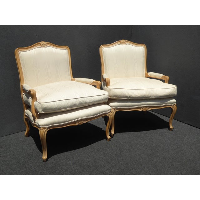 Pair Vintage French Provincial White Chairs Down Cushion Meyer