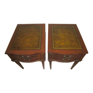 1950s Vintage Side Wood Table Leather Top Wheels Mahogany One Drawer Set 2