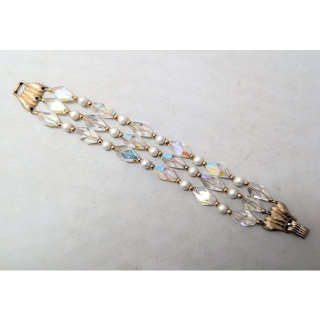 Metal Vintage 1960s Signed Napier 3-Strand Faux-Pearl & Aurora Borealis Beaded Bracelet For Sale - Image 7 of 7