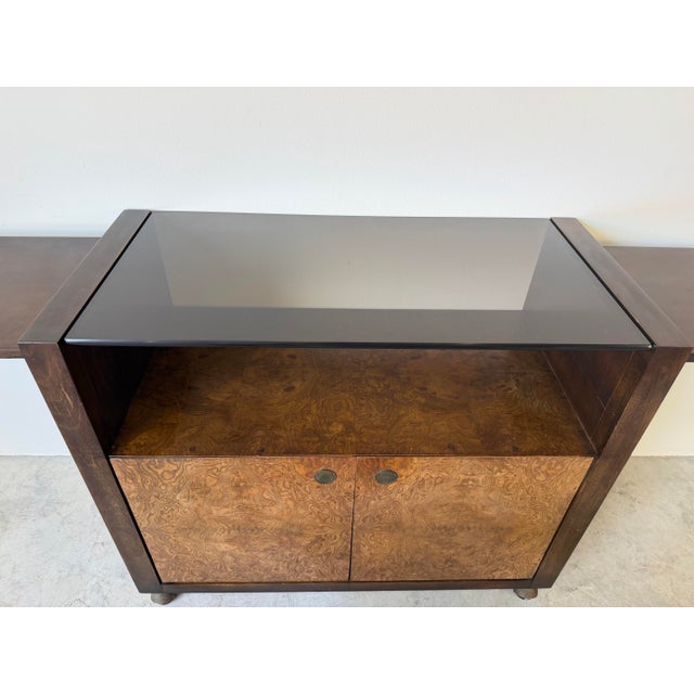 Mid Century Milo Baughman Style Burlwood & Brass Bar Cart With Glass Top For Sale - Image 12 of 12