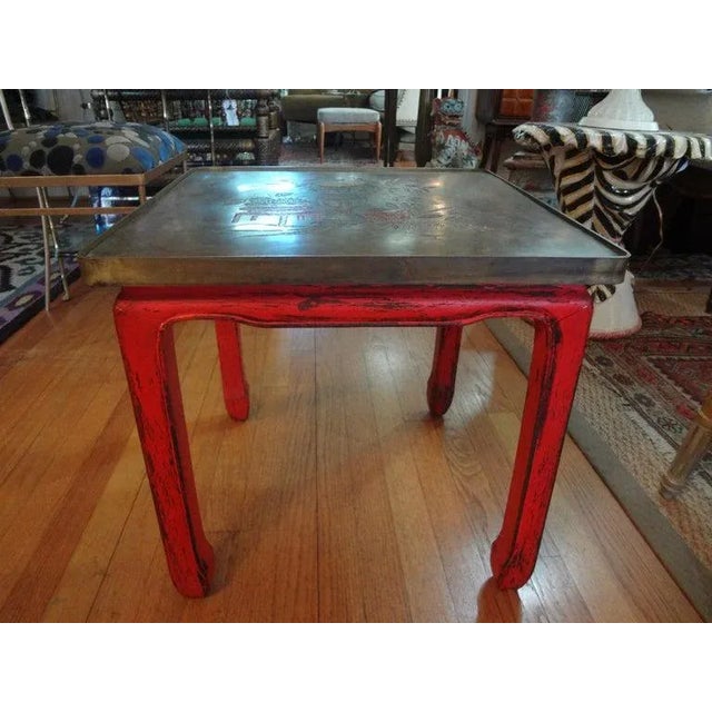 Chinoiserie Chinese Lacquered Table With Etched Bronze Top For Sale - Image 3 of 12
