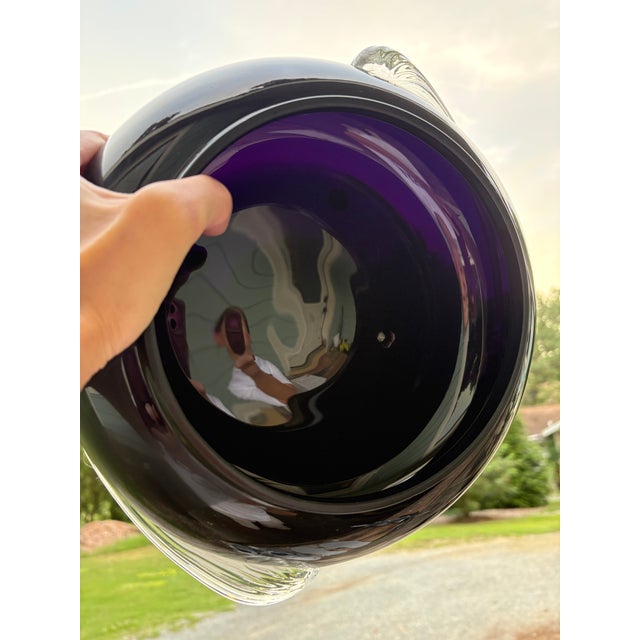Black Hand-Blown Black Amethyst Vase Clear Swirled Handles Two's Company Vase Hand-Blown Black Amethyst Clear Swirled Handles For Sale - Image 8 of 9