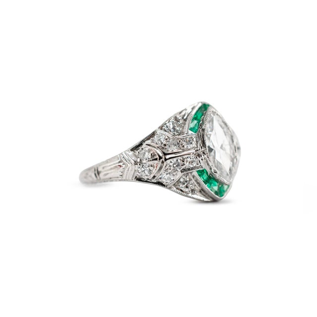 Modern Antique Art Deco Platinum 0.97ctw Marquise Diamond Halo Emerald Engagement Ring, Size 5 For Sale - Image 3 of 9