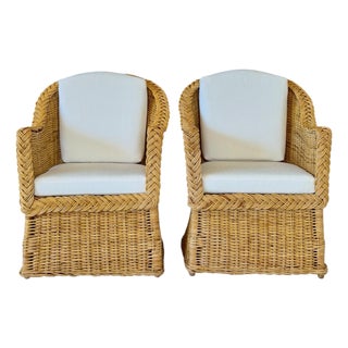 Pair of Vintage Michael Taylor Style Braided Rattan Wicker Lounge Side Armchairs For Sale