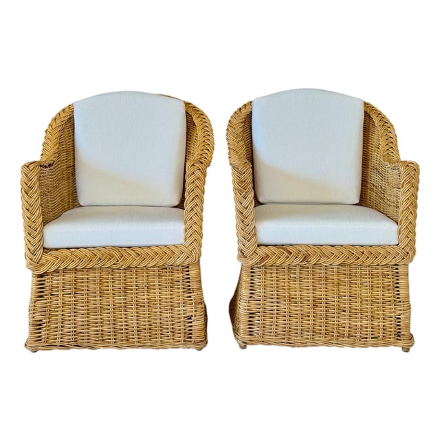 Pair of Vintage Michael Taylor Style Braided Rattan Wicker Lounge Side Armchairs For Sale