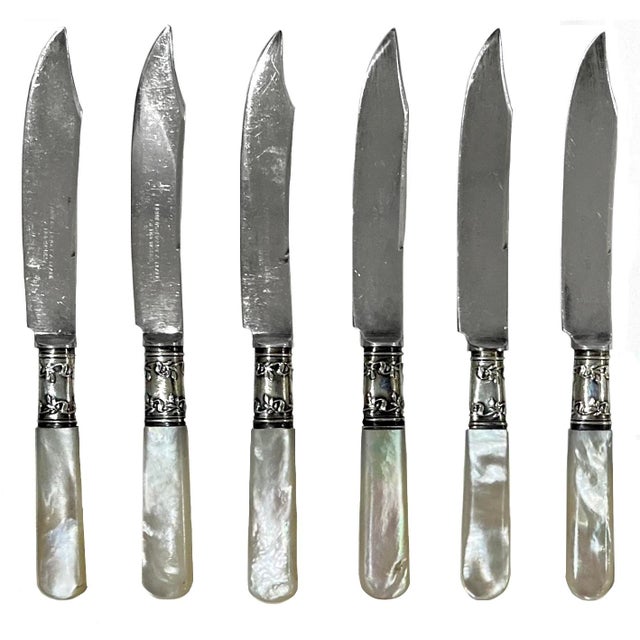 Antique Sterling Silver Fruit Knives With Mother of Pearl Handles - Set Six For Sale - Image 6 of 6