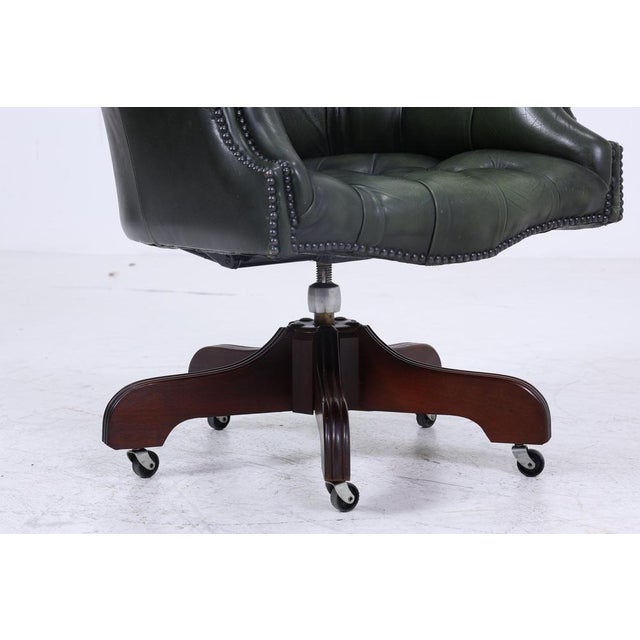 Wood Antique Chesterfield Leather Armchair with Casters For Sale - Image 7 of 11