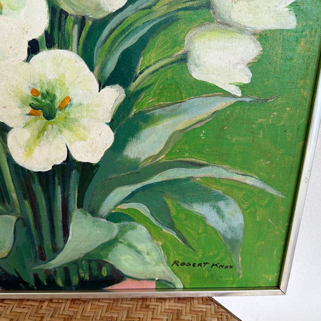 Mid-Century Modern Midcentury Oil on Board Floral Still Life of White Tulips For Sale - Image 3 of 12