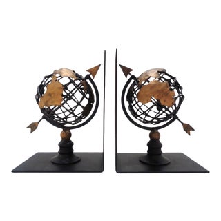 Vintage Black & Gold Metal Globe Atlas Bookends For Sale