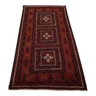 Baloch Rug 3’9” X 6’7” Red Wool Vintage Tribal Hand-Knotted Oriental Carpet For Sale