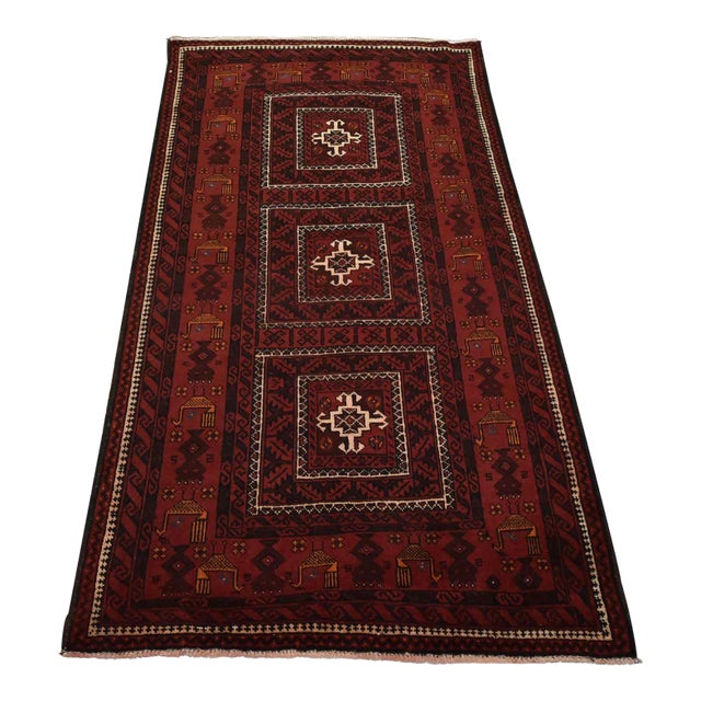 Baloch Rug 3’9” X 6’7” Red Wool Vintage Tribal Hand-Knotted Oriental Carpet For Sale