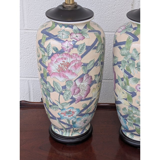 Ceramic Vintage Ginger Jar Hand Painted Asian Porcelain With Peonies Design Table Lamp - a Pair For Sale - Image 7 of 7