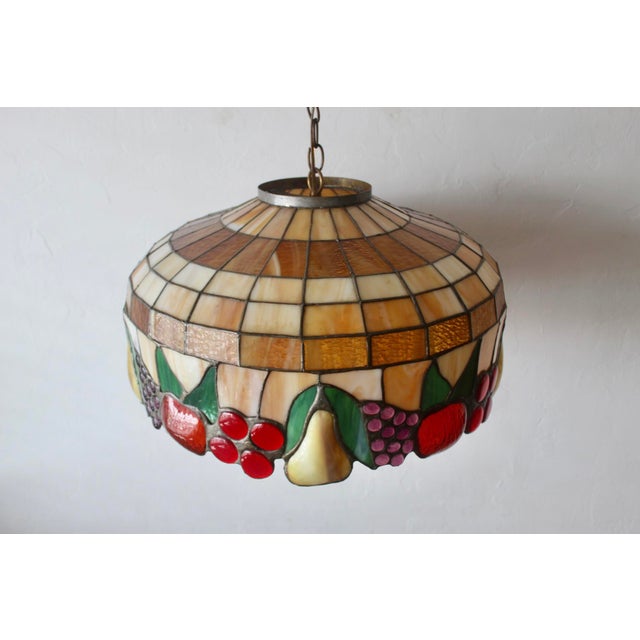 Red 1970s Tiffany-Style Stained Glass Fruit Leaf Motif Pendant Hanging Light Fixture For Sale - Image 8 of 18