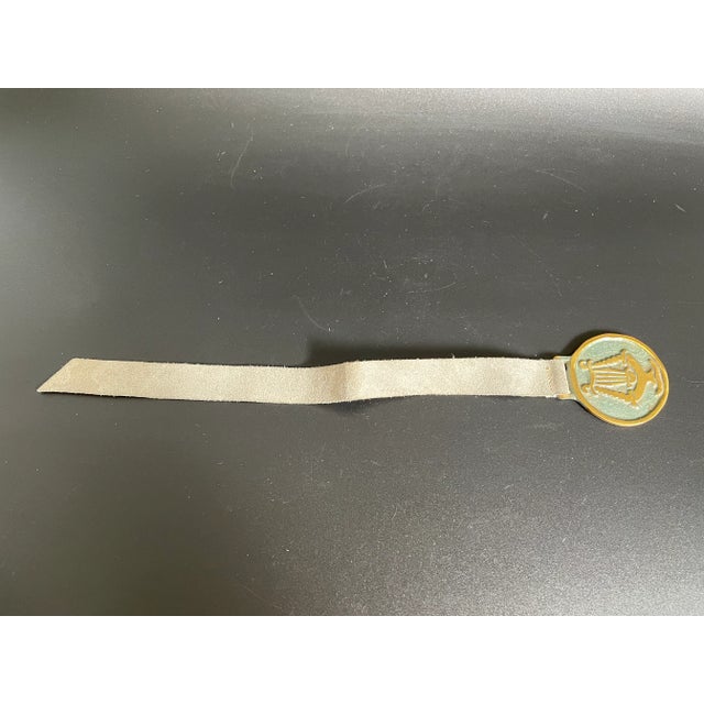 Mid-Century Modern Art Deco Israeli Verdigris Enamel Brass Lyre Charm With Suede Strap Bookmark For Sale - Image 3 of 8