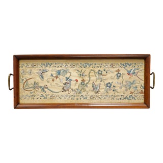 Chinese Wood Tray With Embroidered Silk Panel Circa 1920 For Sale