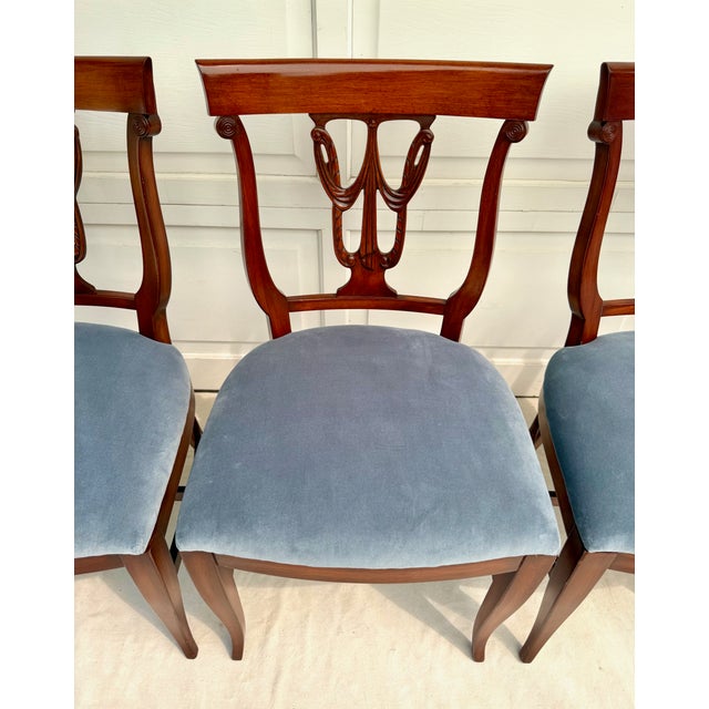 Set of 6 Neoclassical Dining Chairs With Carved Swag Backs, Blue Velvet Upholstery For Sale - Image 13 of 18