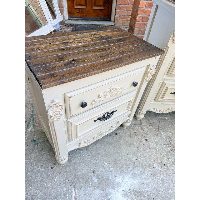 Linen Ornate French Country Linen Bisque Dresser, Trifold Mirror & Nightstands For Sale - Image 8 of 9