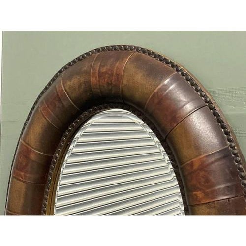 Oval Studded Brown Leather Cushion Wall Mirror For Sale - Image 5 of 9