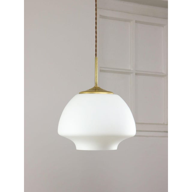 Mid-Century Modern Italian Opaline Glass and Brass Pendant Lamp For Sale - Image 14 of 16