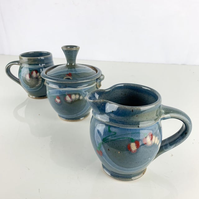 Incredible set of vintage handmade studio pottery set - mug, sugar / honey, and creamer pot. Lovely blue and abstract...